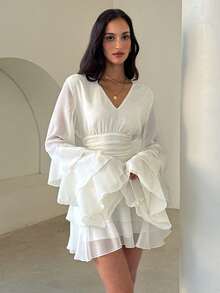 Aloruh Boho Romantic Tropical European Elegant White Deep V-Neck Multi-Layer Hem Bell Sleeve Fitted Waist Mini Dress For Women Wedding Vacation Beach Fall - Apricot - View 3