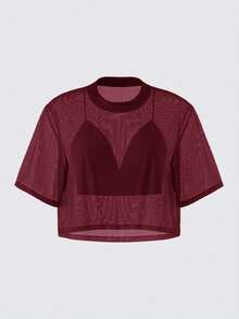 SHEIN BASICS 大尺碼女款時尚性感休閒透視上衣附內衣 夜間工作服 酒紅色 夏季 - 酒紅色 - 查看 2