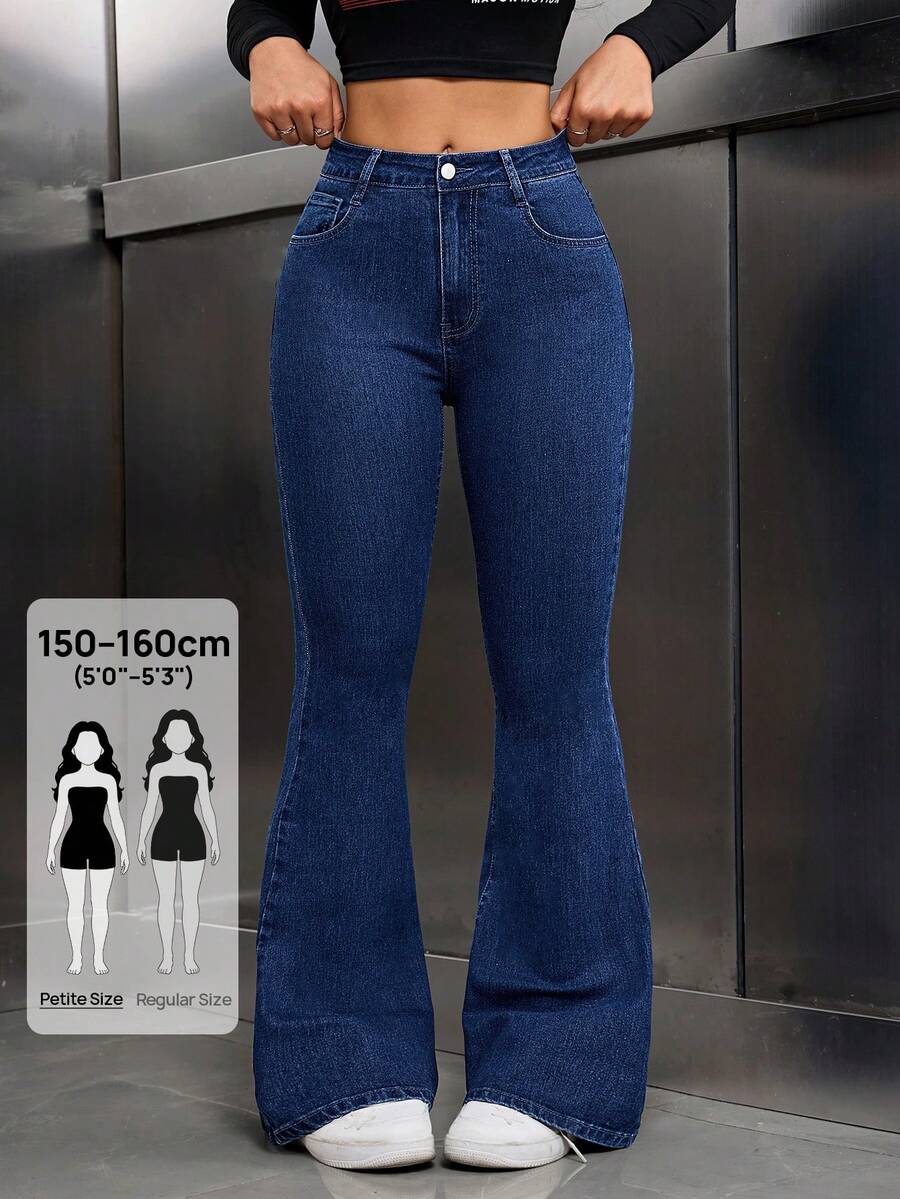 SHEIN PETITE 女款口袋設計喇叭褲休閒百搭牛仔褲,適合嬌小女性 - 深色水洗藍 - 查看 1
