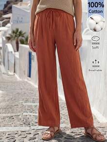 Faunlyn Women's Casual Alternative Versatile Solid Color Long Pants For Vacation Vacation Burning Orange Summer Cotton Trousers Women Summer Trousers - Burnt Orange - View 6