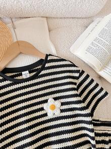 SHEIN LMoss Kids 女童小女孩針織圓領條紋寬鬆休閒T恤短褲兩件套 - 黑色 - 查看 5