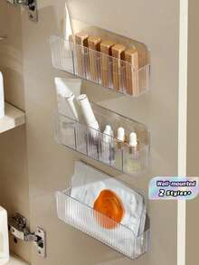 1/3 Pieceswall-Mounted Cosmetic Storage Box, Plastic Makeup Storage Box Suitable For Lipsticks, Brushes, Nail Polish, Skincare Products - Hidden Storage Box For Mirror Cabinet Doors. Bathroom Vanity Storage Rack - Transparent - View 5