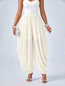 SOLERSUN White Threaded Chiffon Non-Stretch Fabric Elastic Waistband Loose Pleated Trousers Picnic Party Summer Elegant Beach - Apricot - View 4