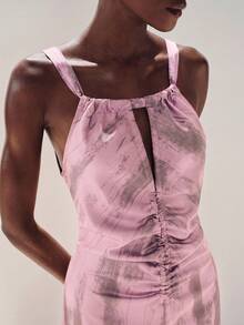 Frievida Purple Gradient Brushstroke Textured Satin Ruched Waist Spaghetti Strap Sleeveless Dress Minimalist Tropical European Elegant Commute Party Vacation - Pink - View 5