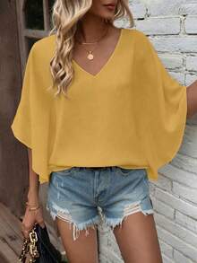 EMERY ROSE Áo sơ mi tay ngắn cổ chữ V màu trơn, dáng rộng, thoải mái, thích hợp cho kỳ nghỉ. - Màu vàng - Xem 4
