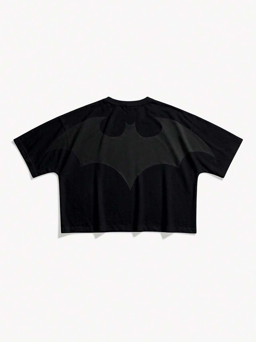 BATMAN X SHEIN STYNVO 男士蝙蝠圖案圓領短袖休閒T恤 - 黑色 - 查看 1