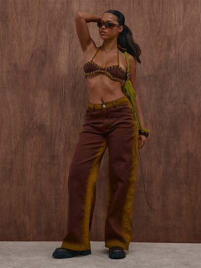 MUSERA Brown Ombre Cropped Top Wide Leg Jean Set  Summer Autumn Everyday Date Night Holiday Vacation Dazed