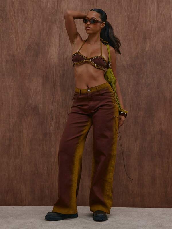 MUSERA Brown Ombre Cropped Top Wide Leg Jean Set  Summer Autumn Everyday Date Night Holiday Vacation Dazed