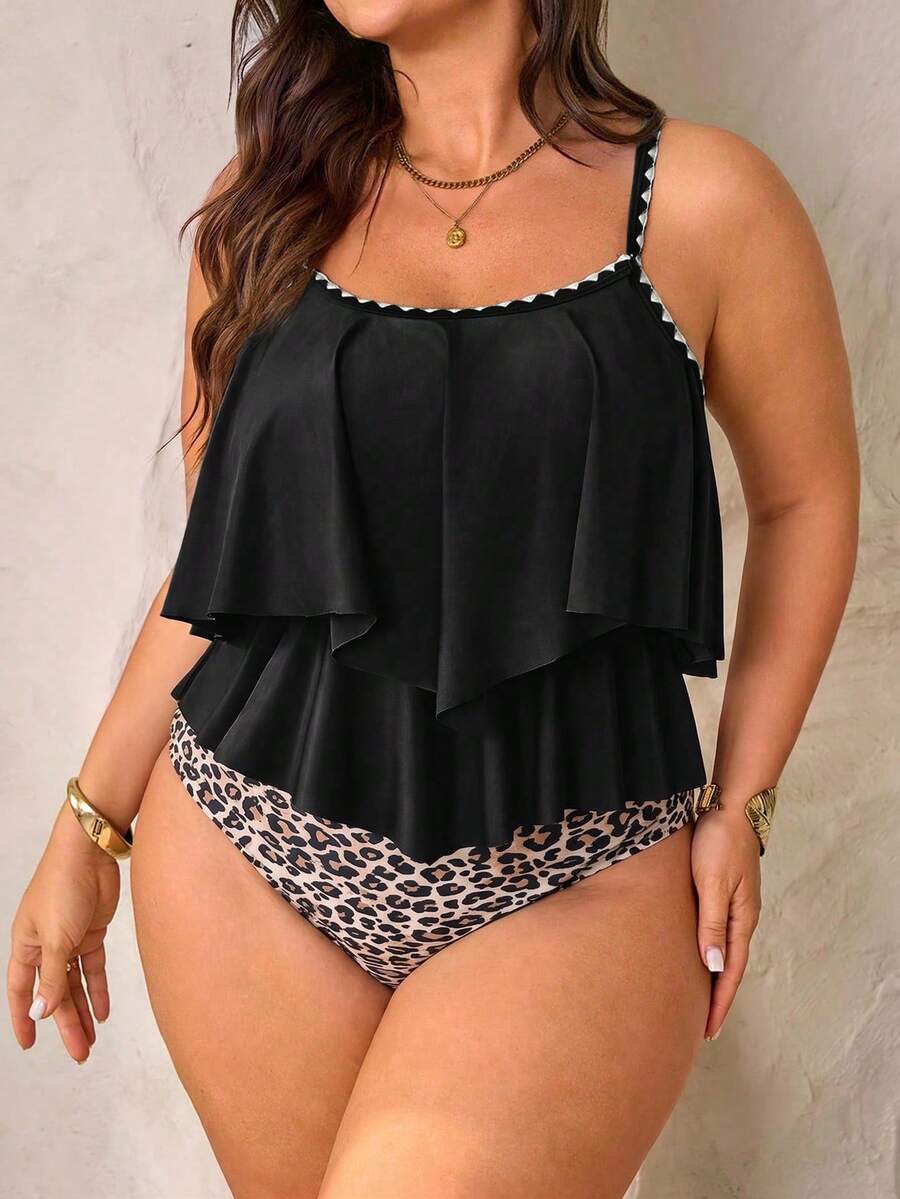 Swim Lushoire Plus Size Women 2-Piece Set Green Spaghetti Strap Double Layer Ruffle Hem Top With Ruched Ruffle High Waist Pants, Summer Beach Vacation - Multicolor - View 1