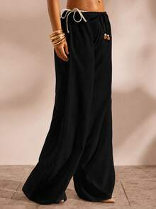 Opulessa Women's Solid Color Waist Tie Cover-Up Pants For Vacation - 黑色 - 查看 5