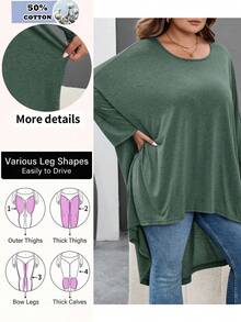 SHEIN CURVE+ 大尺碼純色蝙蝠袖前短後長T恤 - 墨綠色 - 查看 1
