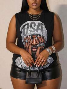 Slaydiva Women's Black And White Man Portrait Sleeveless Round Neck Loose Tank Top,Summer Casual Rave Independence Day Music Festival Y2K Style - Black - View 3