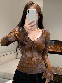 DAZY Frühling Sommer Slim Fit elegantes 2 in 1 Patchwork Valentinstag Party Off-Shoulder Langarm Damen T-Shirt - Violett - Übersicht 9