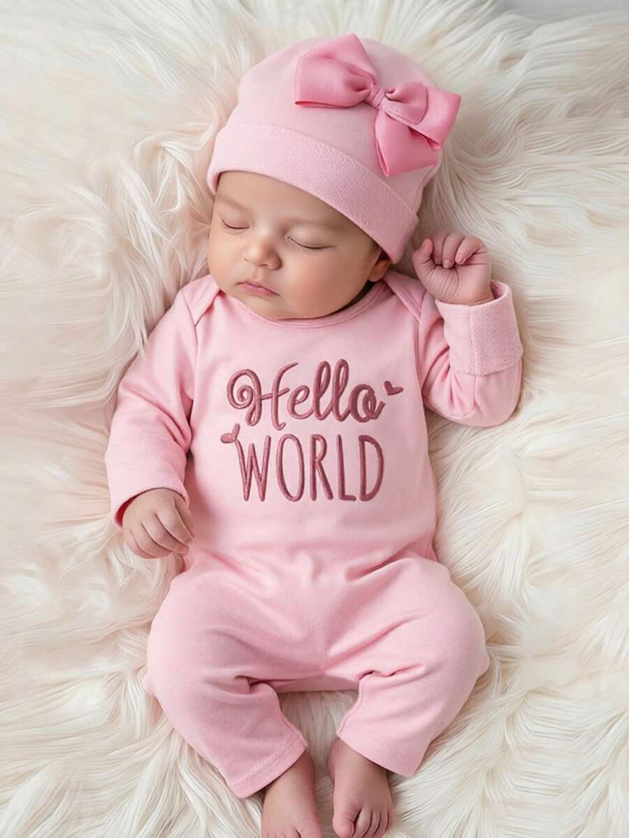 SHEIN 2件組新生女嬰粉色秋季趣味圖案刺繡字母連身褲附蝴蝶結髮帶,可愛公主風拍照裝 0-3個月 - 粉色 - 查看 1
