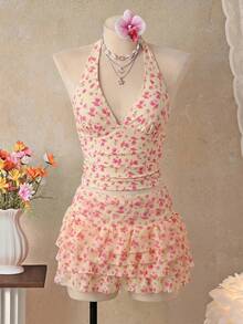Swim Mod Women's Floral Print Halter Tie Tankini And Ruffle Mini Skirt Two-Piece Swimwear Set Beach Vacation Cream Summer Cute Flowy - Light Yellow - View 4