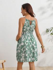 SHEINS Women's Summer Waist-Cinched Maternity Ditsy Floral Sleeveless Spaghetti Strap Strap Dress For Vacation And Dating - Green - View 2