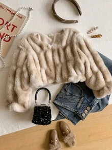 SHEIN Girls' Fashion Pink Fur Trim Vest, Elegant Casual Commuter Outerwear For Autumn/Winter - Multicolor - View 1