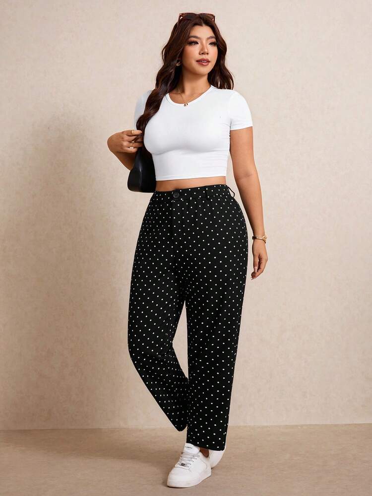 Elaquor Plus Size Women's Polka Dot Pattern High Waist Casual Suit Pants - Black and White - View 5