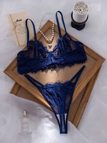Divavoom Rose Red Mature Sexy Style Lace Patchwork Lingerie Set 2pcs - Royal Blue - View 2