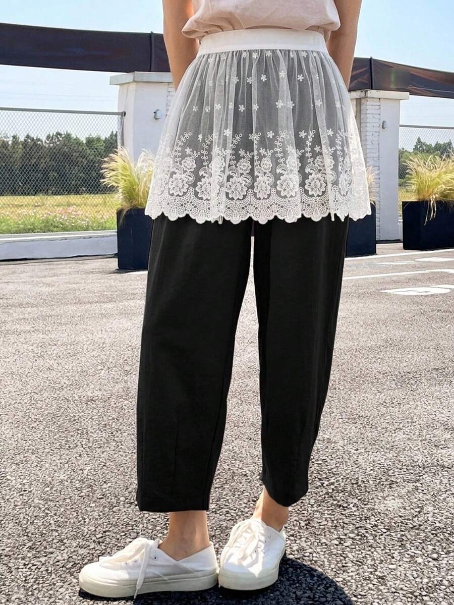 FRIFUL Women's Solid Color Lace Ruffle Hem Casual Skirt - White - View 1