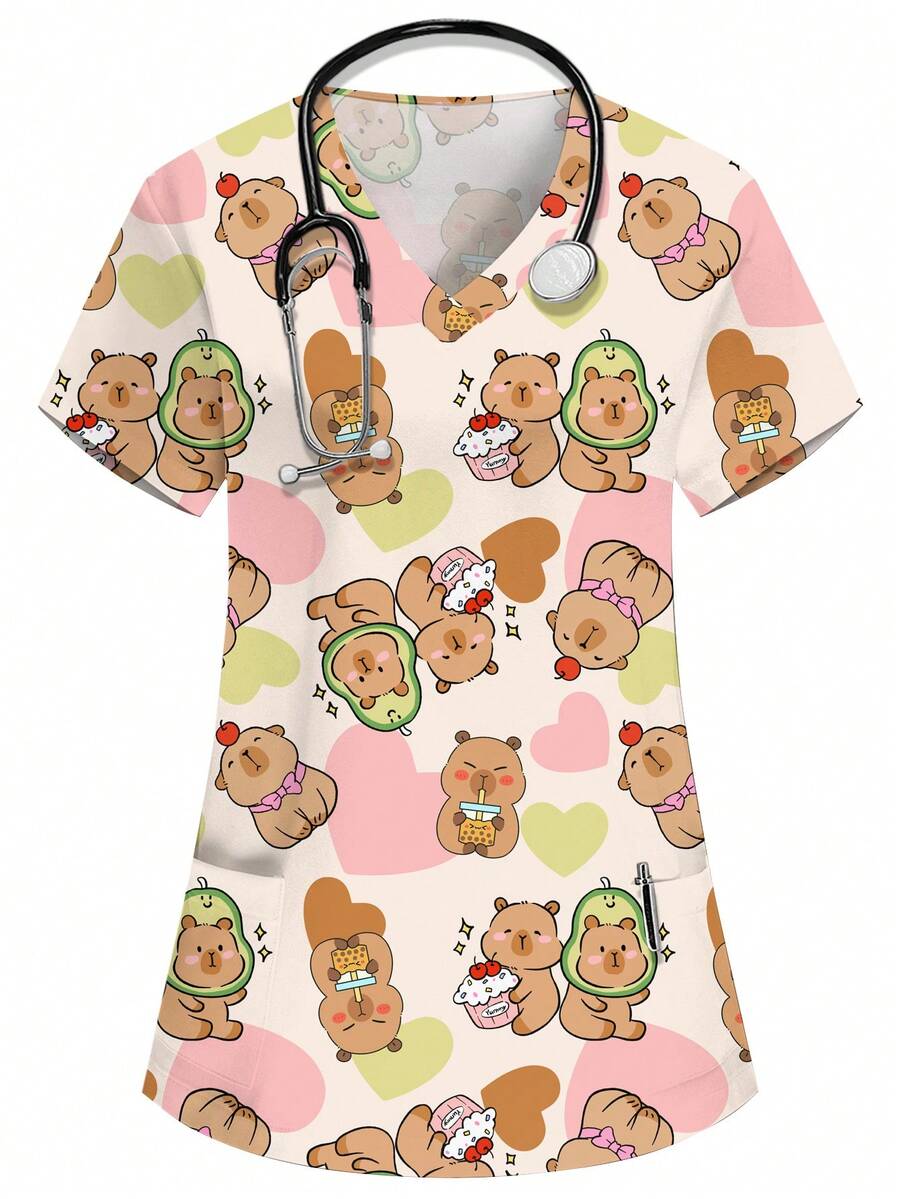 PopScrub Atasan Seragam Kerja Perawat/Dokter Lengan Pendek Leher V dengan Dua Kantong dan Motif Capybara Lucu, Seragam Pemeriksaan Kesehatan, Bedah, Kecantikan, Ahli Gizi, dan Laboratorium - MultiWarna - View 1