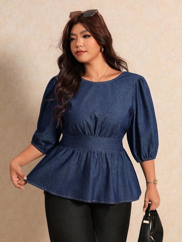 Elaquor Plus Size Women's Round Neck Pleated Casual Versatile Everyday Denim Top,  Casual, Commuter, Summer, Party, Date, Vacation, Elegant, Holiday, Festival
