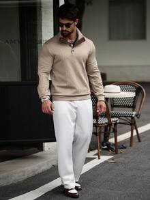Manfinity CasualCool 男士白色秋季半拉鍊立領運動衫，極簡風紋理半拉鍊套頭衫 - 白色 - 查看 7