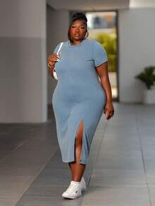 CurvyTilda 大码女式夏季休闲/通勤蓝色扎染开衩下摆T恤连衣裙 - 藍色 - 查看 1