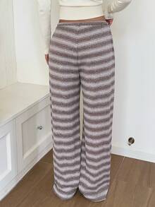 SHEIN EZwear 女款條紋時尚抽繩腰休閒針織運動長褲 - 摩卡棕 - 查看 2