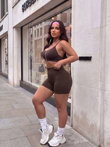 Dewbera Dewbera Women's Plus Size Solid Color Camisole Top And High Waist Shorts Casual Daily Sports Set - Coffee Brown - View 5
