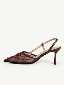 CUCCOO CHICEST 女鞋春夏新款，網布刺繡露跟涼鞋，尖頭細高跟，復古輕熟風，通勤穿搭 - 棕色 - 查看 4