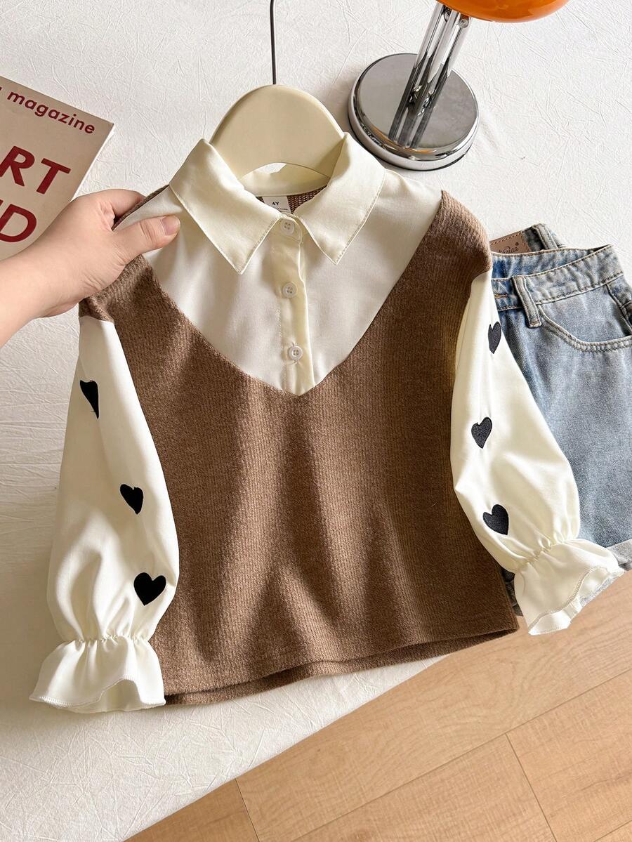 SHEIN Girls' Korean Style Preppy Fairy Athletic Heart Embroidered Colorblock 2 In 1 Collared Shirt, Autumn/Winter Campus Daily Wear Wedding Bride White - Multicolor - View 1