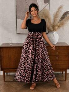 Lounesse Plus Size Boho Solid Color Leopard Patchwork Simple Daily Short Sleeve Dress For Women Fall Dress, For Summer - Pink - View 1