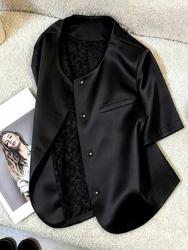 GlowEve CURVE Solid Color Round Neck Single-Breasted Blazer, Smooth Texture Plus Size Commuter Short Sleeve