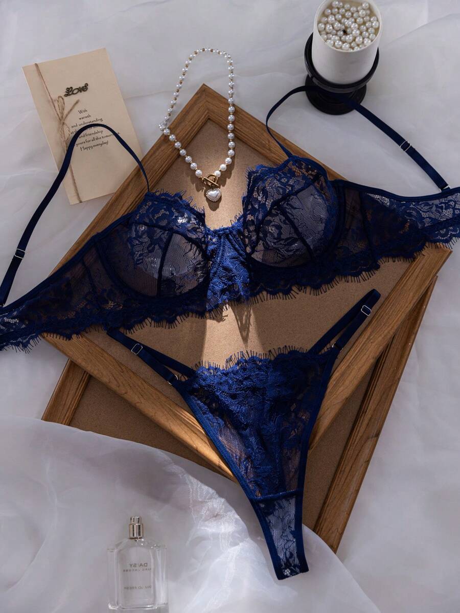 Divavoom Rose Red Mature Sexy Style Lace Patchwork Lingerie Set 2pcs - Royal Blue - View 1