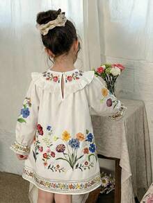 SHEIN LMoss Kids 女童雪纺碎花荷叶边休闲连衣裙 - 白色 - 查看 7