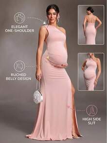 Cheriluna Maternity Elegante vestido de maternidad de un solo hombro para sesión de fotos, vestido largo de noche ajustado de tela brillante con abertura, para sesión de fotos de baby shower, fucsia rosa, verano - Rosa - Ver 1