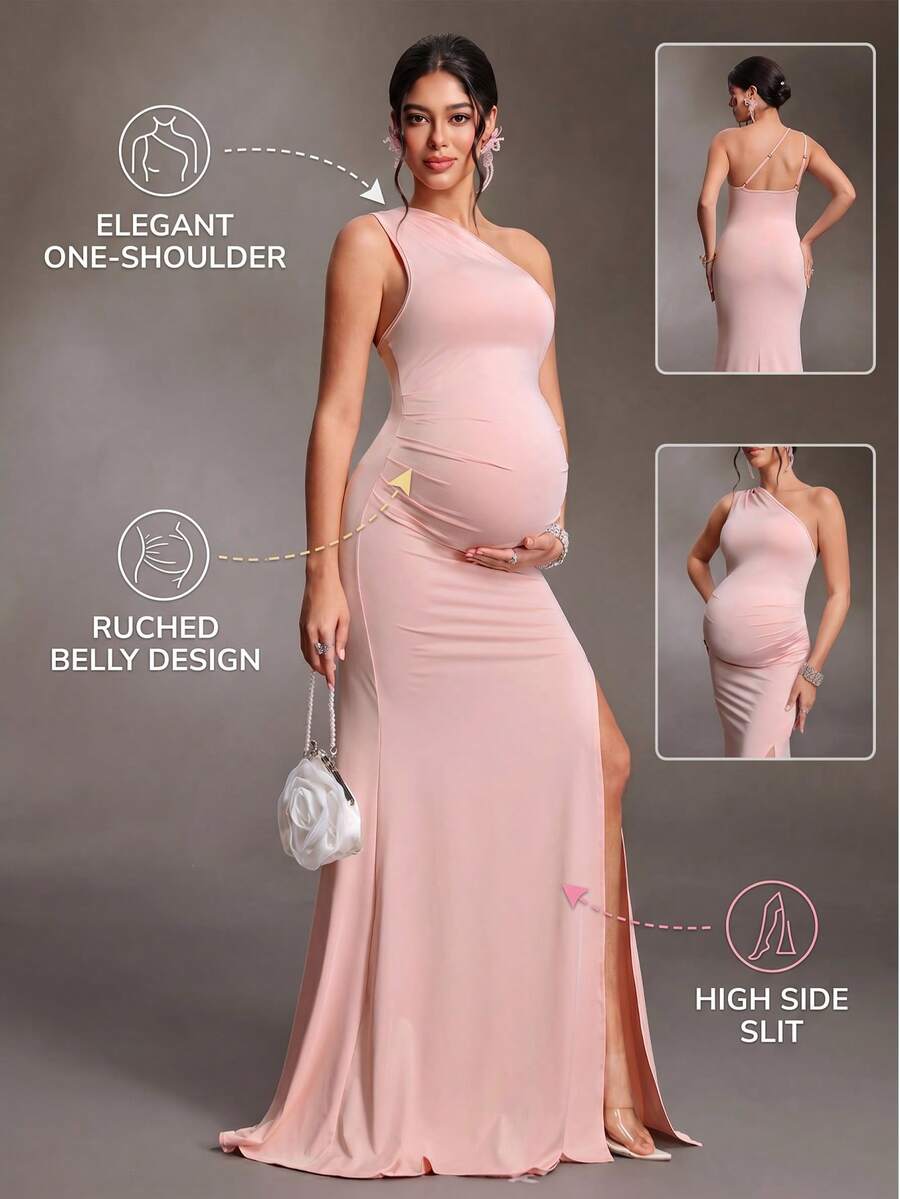Cheriluna Maternity Elegante vestido de maternidad de un solo hombro para sesión de fotos, vestido largo de noche ajustado de tela brillante con abertura, para sesión de fotos de baby shower, fucsia rosa, verano - Rosa - Ver 1