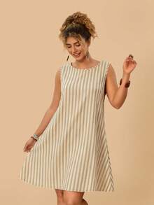 Travachic Women's Plus Size Casual Minimalist Versatile Striped Pattern Round Neck Sleeveless Dress, Suitable For Summer - Apricot - View 3