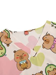 PopScrub Atasan Seragam Kerja Perawat/Dokter Lengan Pendek Leher V dengan Dua Kantong dan Motif Capybara Lucu, Seragam Pemeriksaan Kesehatan, Bedah, Kecantikan, Ahli Gizi, dan Laboratorium - MultiWarna - View 3