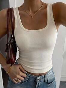 DAZY Square Neck Wide Strap Fitted Beige Ribbed Knit Tank Top With Built-In Padding For Women - White - View 5