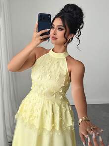 SHEIN Clasi Plus Size Women's Elegant Sleeveless Halter Neck 3D Floral Double Layer Mesh Dress, Summer Outings, Parties, Dates, Wedding Butter Yellow - Yellow - View 7