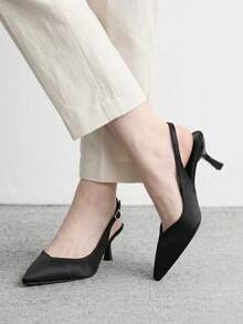 CUCCOO BIZCHIC 春夏新款尖頭細高跟中跟黑色布面女鞋，舒適百搭，優雅氣質，亮面低楦頭後跟加高 - 黑色B - 查看 4