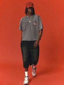 SUMWON Brand Oval Logo Patch Washed Short Sleeve Crew Neck Boxy Crop Tee With Chest Pocket Vintage Style - Grey - View 3