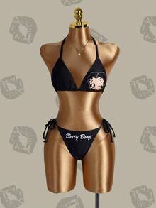 Betty Boop x SHEIN 女款夏季海灘卡通印花掛脖綁帶性感時尚比基尼兩件式泳衣套裝，附豹紋印花罩衫上衣 - 黑色 - 查看 4