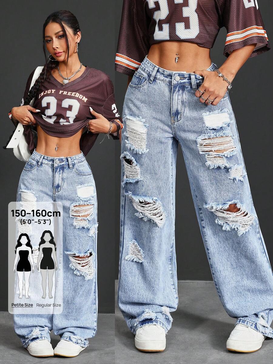SHEIN PETITE 女款 Y2K 風格破洞牛仔褲,寬腿鬆垮休閒百搭,口袋設計,時尚水洗,適合嬌小女性 - 藍色 - 查看 1