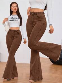SHEIN Tall 女款休閒水洗高腰喇叭牛仔褲，適合高個女性 - 咖啡棕 - 查看 9