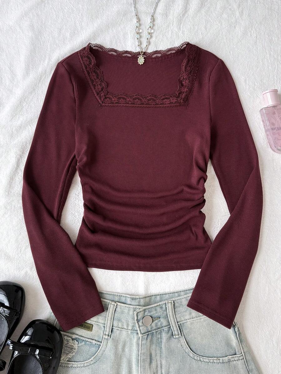 Tween Girl Lace Square Neck Simple Versatile Comfortable Fashion Top Suitable For Daily Wear, Party, Outing Fall/Winter - Burgundy - View 1