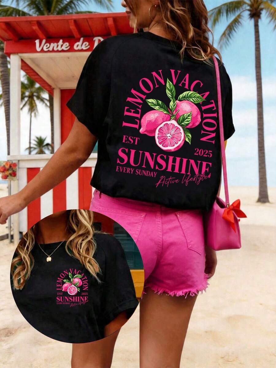 SHEIN CURVE+ Plus Size Women's Letter Fruit Print Short Sleeve Casual T-Shirt - Black - View 1