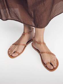 Mnmlis Women's Fashion Simple Texture Rivet Design Flat Sandals - Brown 1 - View 1